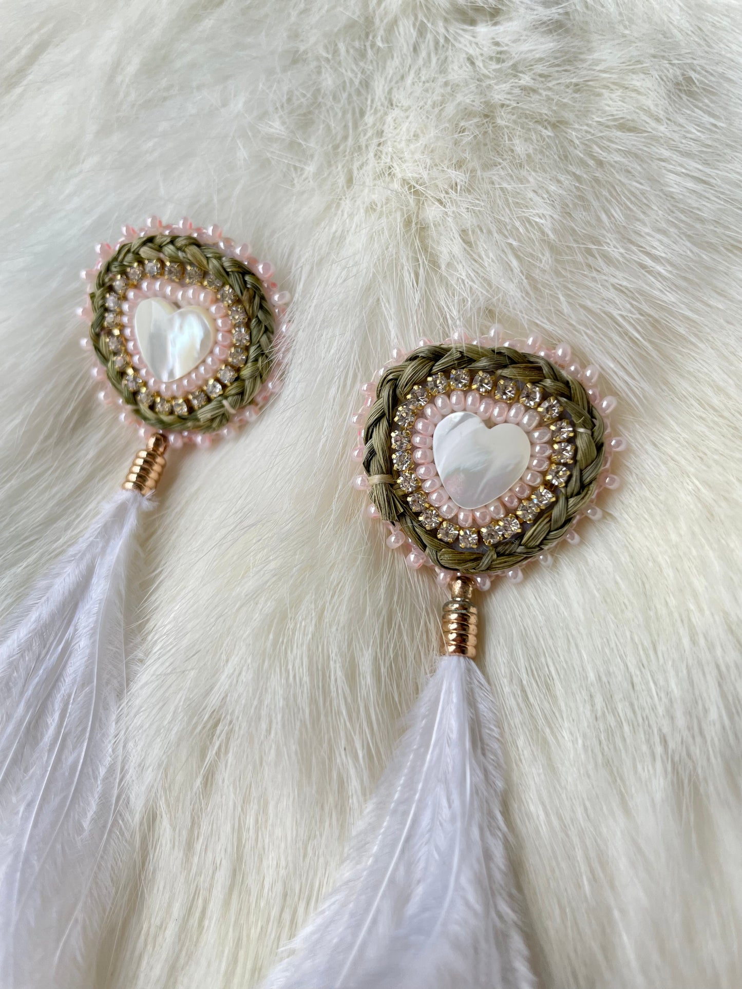 White Heart Ostrich Feather Earrings