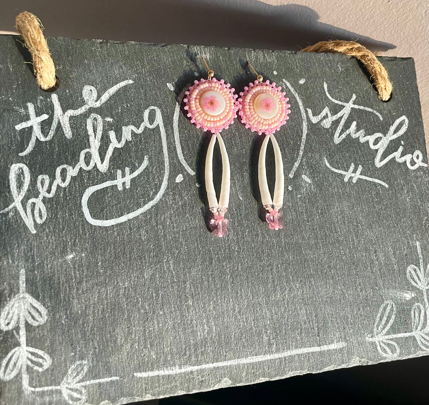Baby Pink Flower & Dentalium Earrings