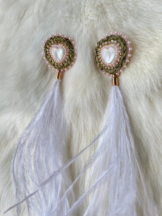 White Heart Ostrich Feather Earrings