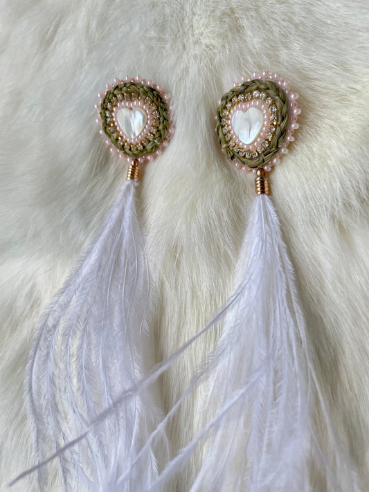 White Heart Ostrich Feather Earrings