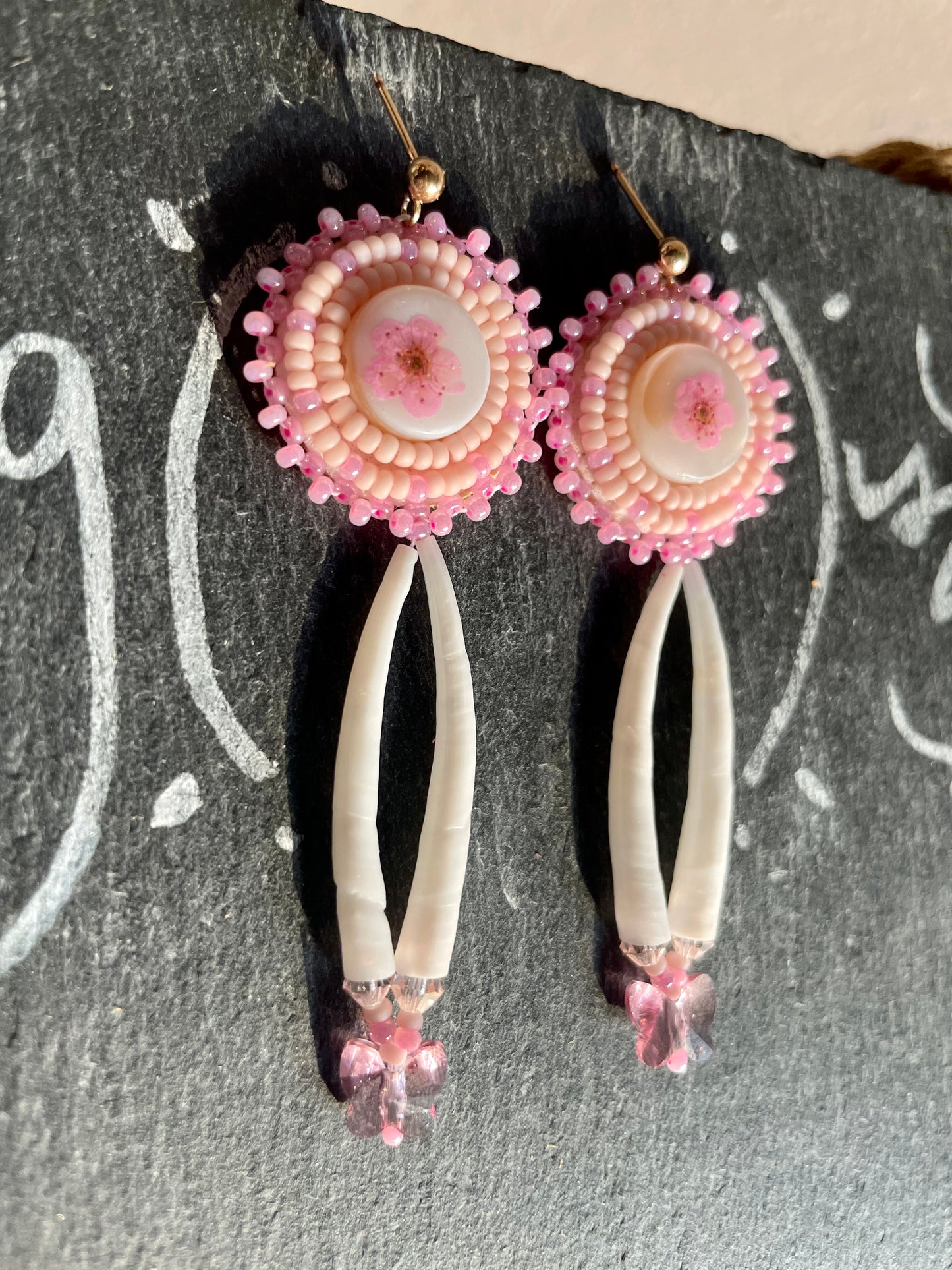 Baby Pink Flower & Dentalium Earrings