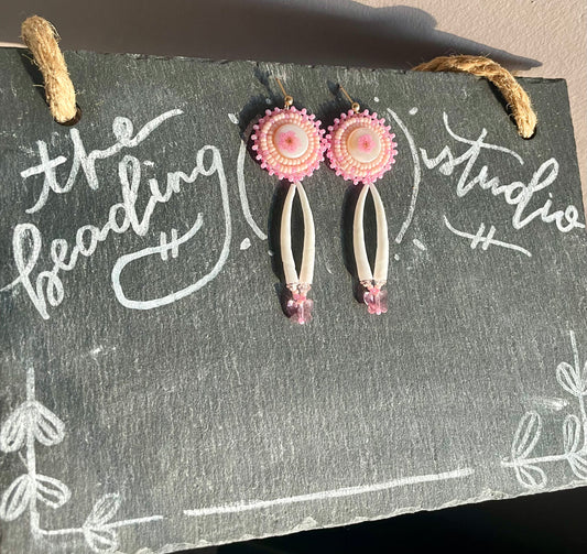 Baby Pink Flower & Dentalium Earrings